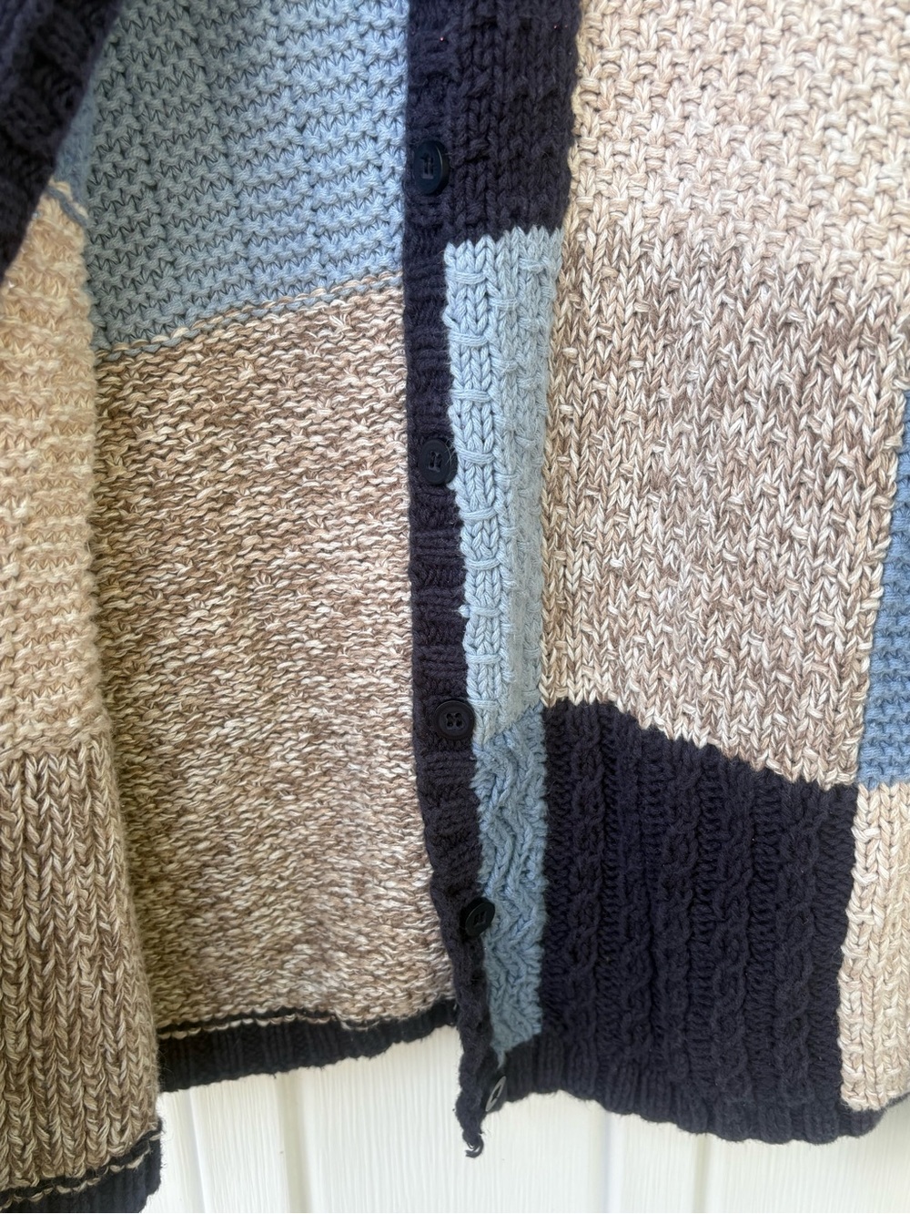 Vintage Chunky Patchwork Knit Colorblock Cardigan Sweater Blue Beige Boho - Picture 4 of 9